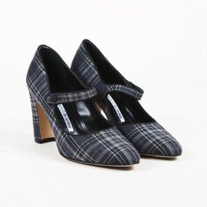 Manolo Blahnik, Gray Plaid "campy" Mary Jane, 6